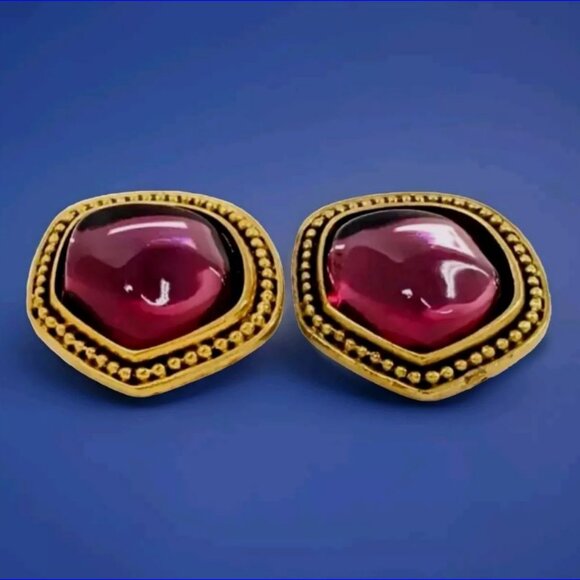 VTG YSL Designer Earrings - Aubergine Gripoix Glass / Gold Tone - EVC - Picture 7 of 11